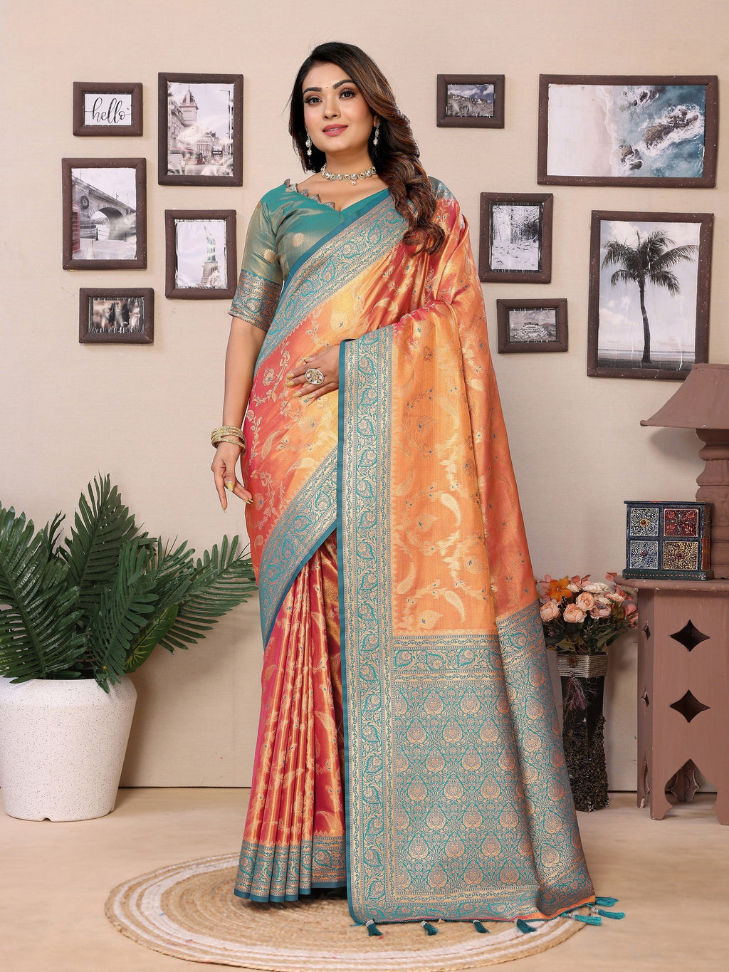 Vedant Vastram Tissue Silk Kanjeevaram Silk Saree - Orange | Grocsy