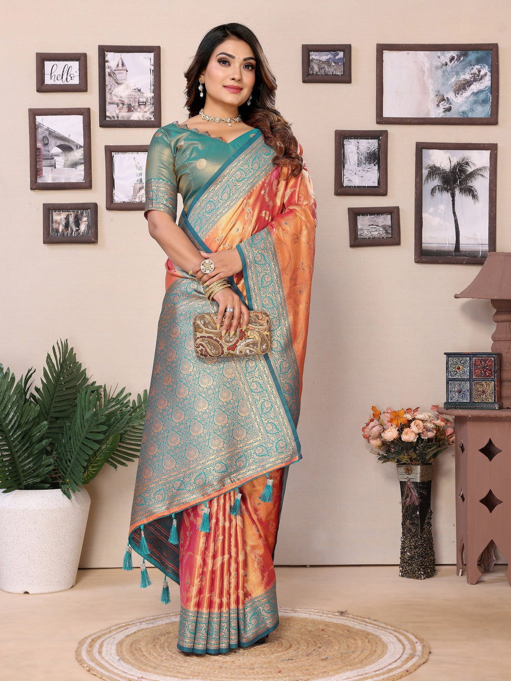 Vedant Vastram Tissue Silk Kanjeevaram Silk Saree - Orange | Grocsy