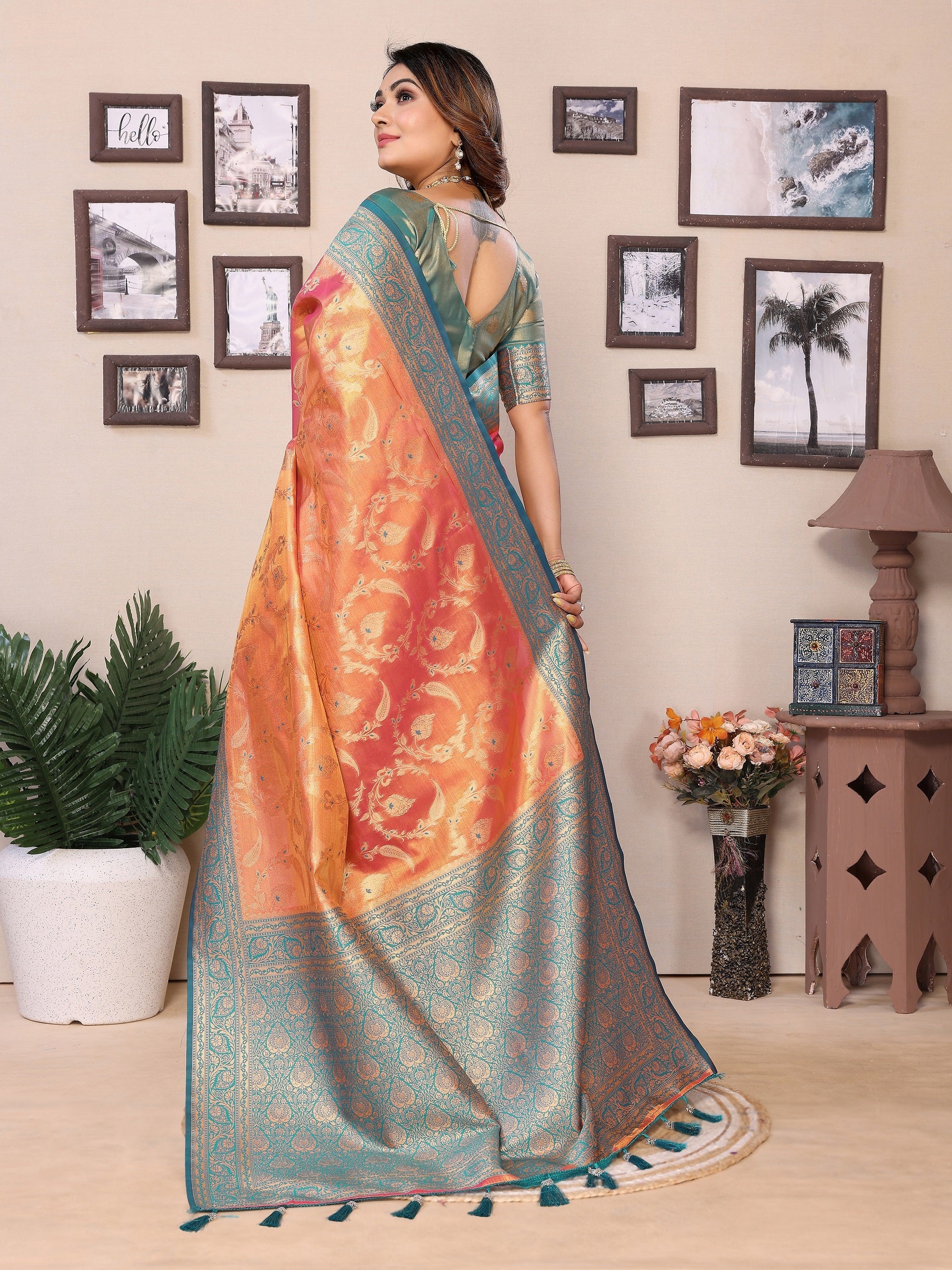 Vedant Vastram Tissue Silk Kanjeevaram Silk Saree - Orange | Grocsy