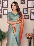 Vedant Vastram Tissue Silk Kanjeevaram Silk Saree - Orange | Grocsy