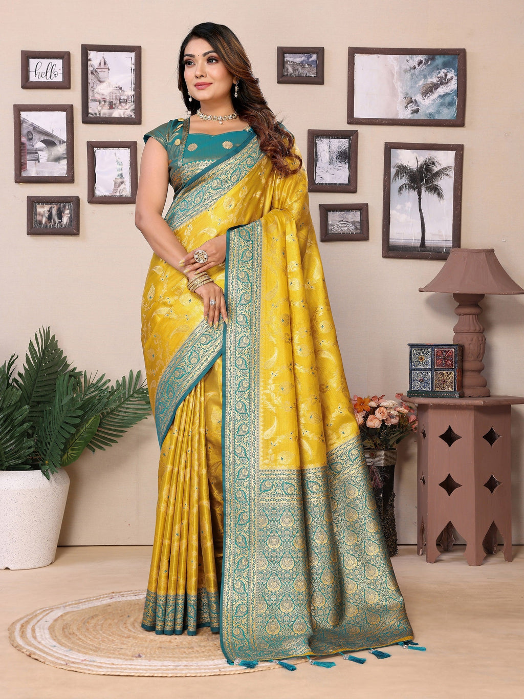 Vedant Vastram Tissue Silk Kanjeevaram Silk Saree - Yellow | Grocsy