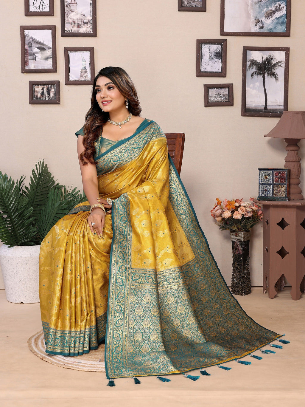 Vedant Vastram Tissue Silk Kanjeevaram Silk Saree - Yellow | Grocsy