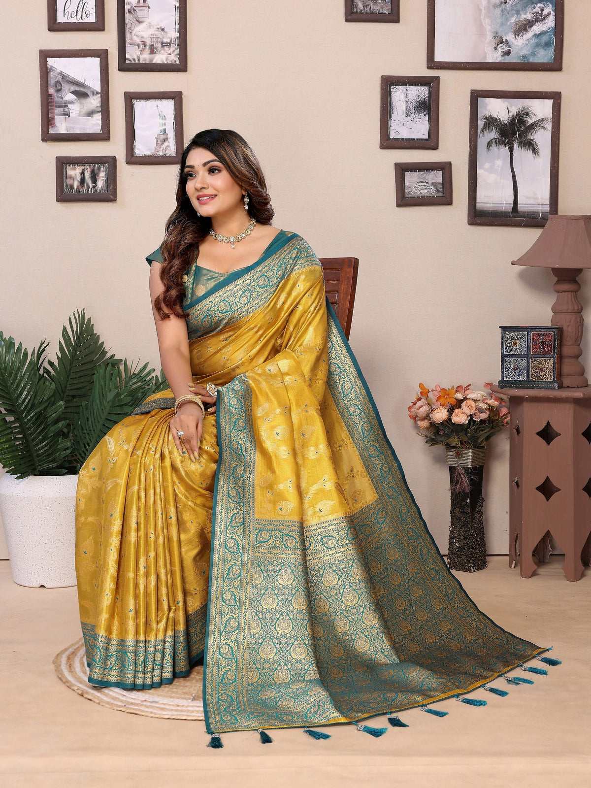 Vedant Vastram Tissue Silk Kanjeevaram Silk Saree - Yellow | Grocsy