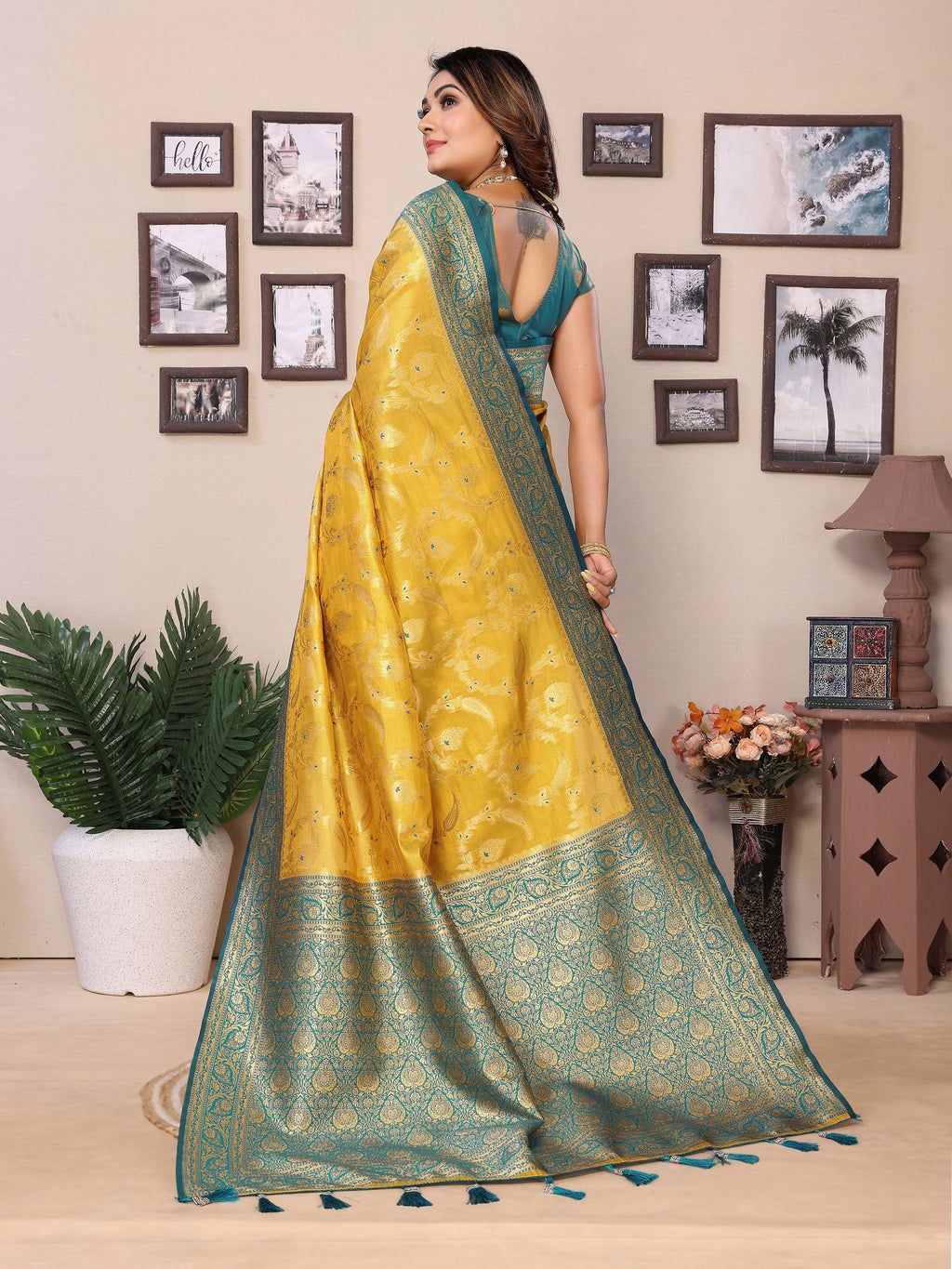 Vedant Vastram Tissue Silk Kanjeevaram Silk Saree - Yellow | Grocsy