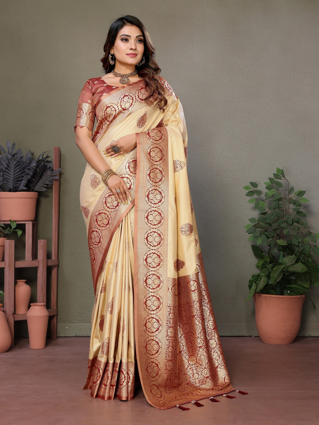 Vedant Vastram Viscose Silk Kanjeevaram Silk Saree - Maroon | Grocsy