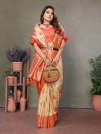 Vedant Vastram Viscose Silk Kanjeevaram Silk Saree - Orange | Grocsy