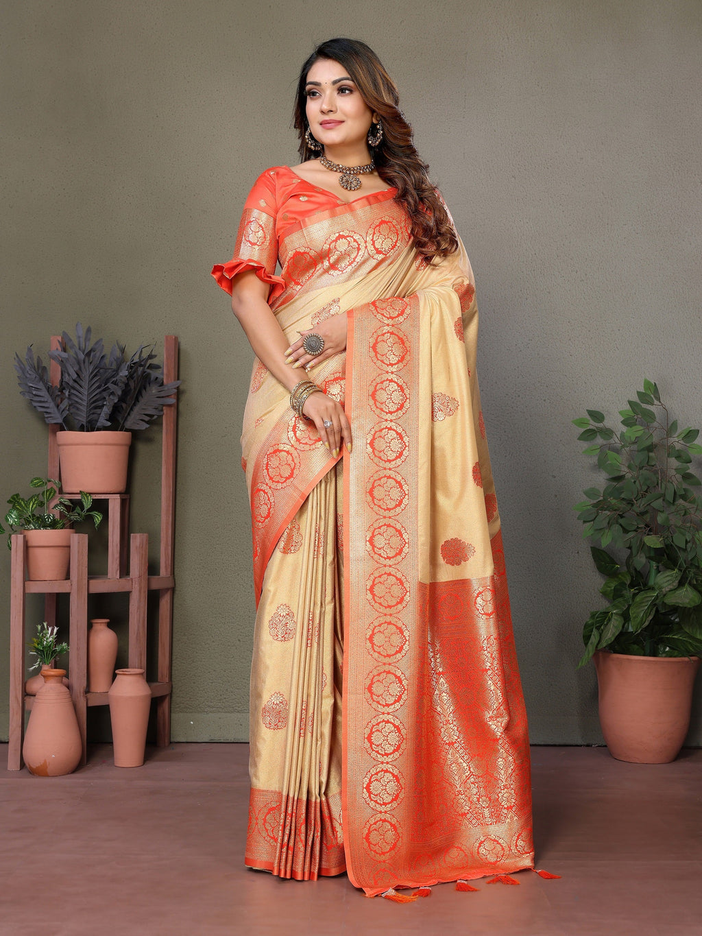 Vedant Vastram Viscose Silk Kanjeevaram Silk Saree - Orange | Grocsy