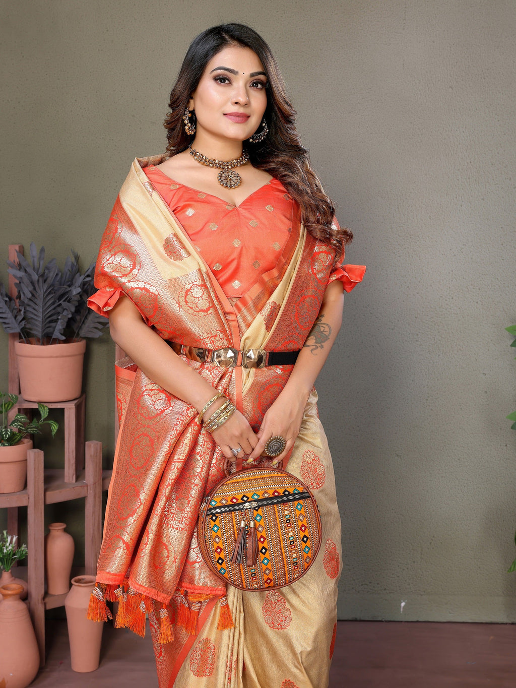 Vedant Vastram Viscose Silk Kanjeevaram Silk Saree - Orange | Grocsy