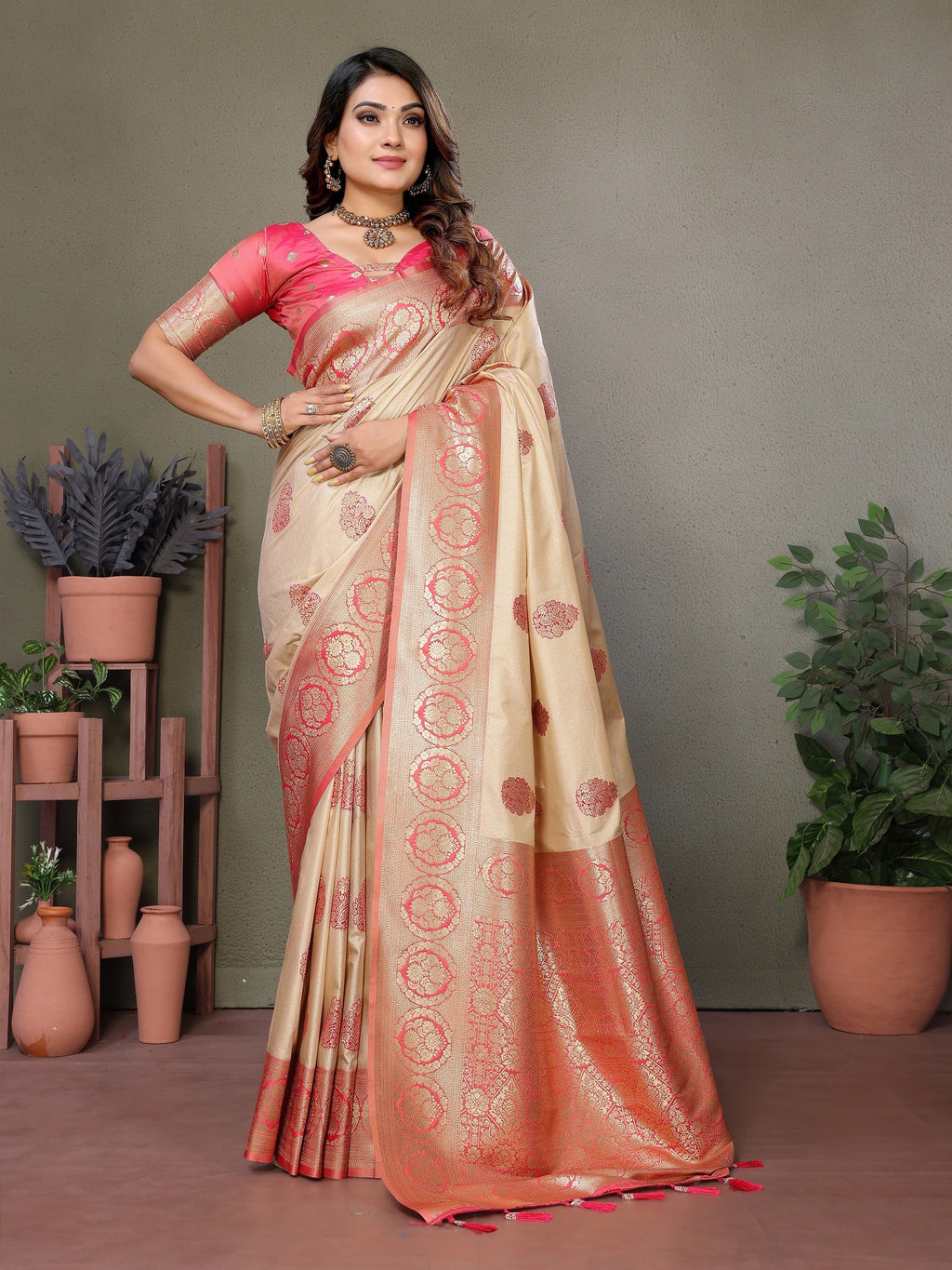 Vedant Vastram Viscose Silk Kanjeevaram Silk Saree - Peach | Grocsy