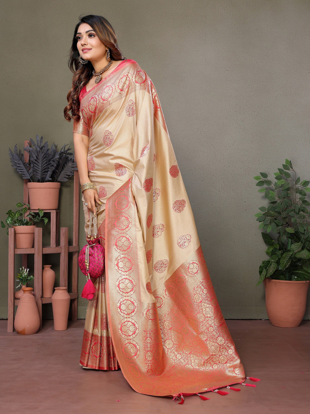 Vedant Vastram Viscose Silk Kanjeevaram Silk Saree - Peach | Grocsy