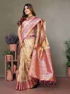 Vedant Vastram Viscose Silk Kanjeevaram Silk Saree - Pink | Grocsy