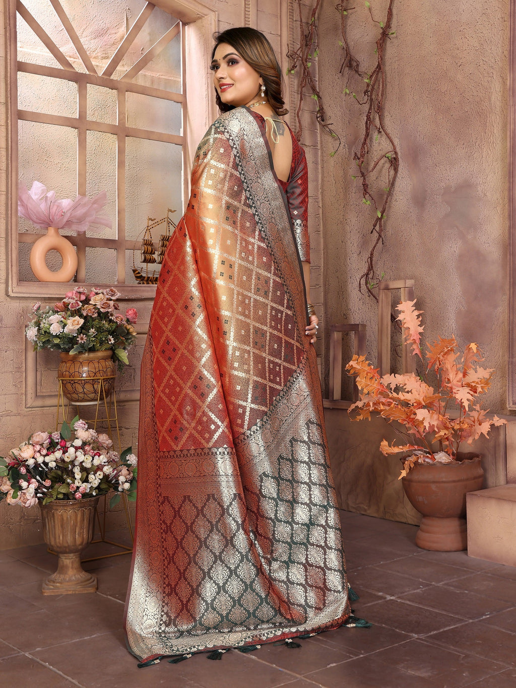 Vedant Vastram Soft Litchi Silk Kanjeevaram Silk Saree - Beige | Grocsy