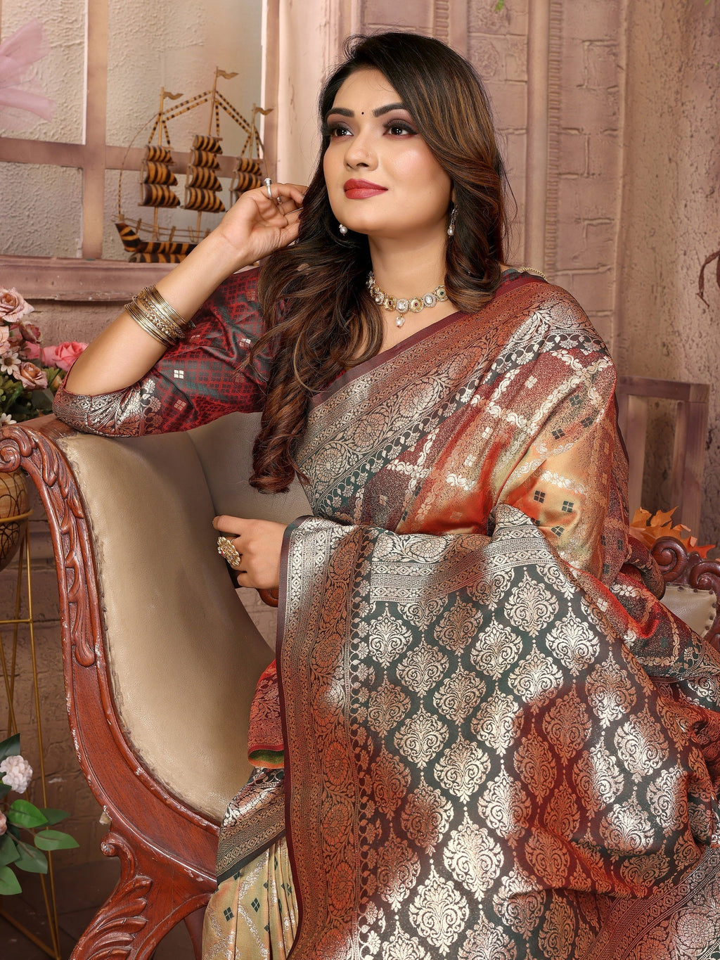 Vedant Vastram Soft Litchi Silk Kanjeevaram Silk Saree - Beige | Grocsy