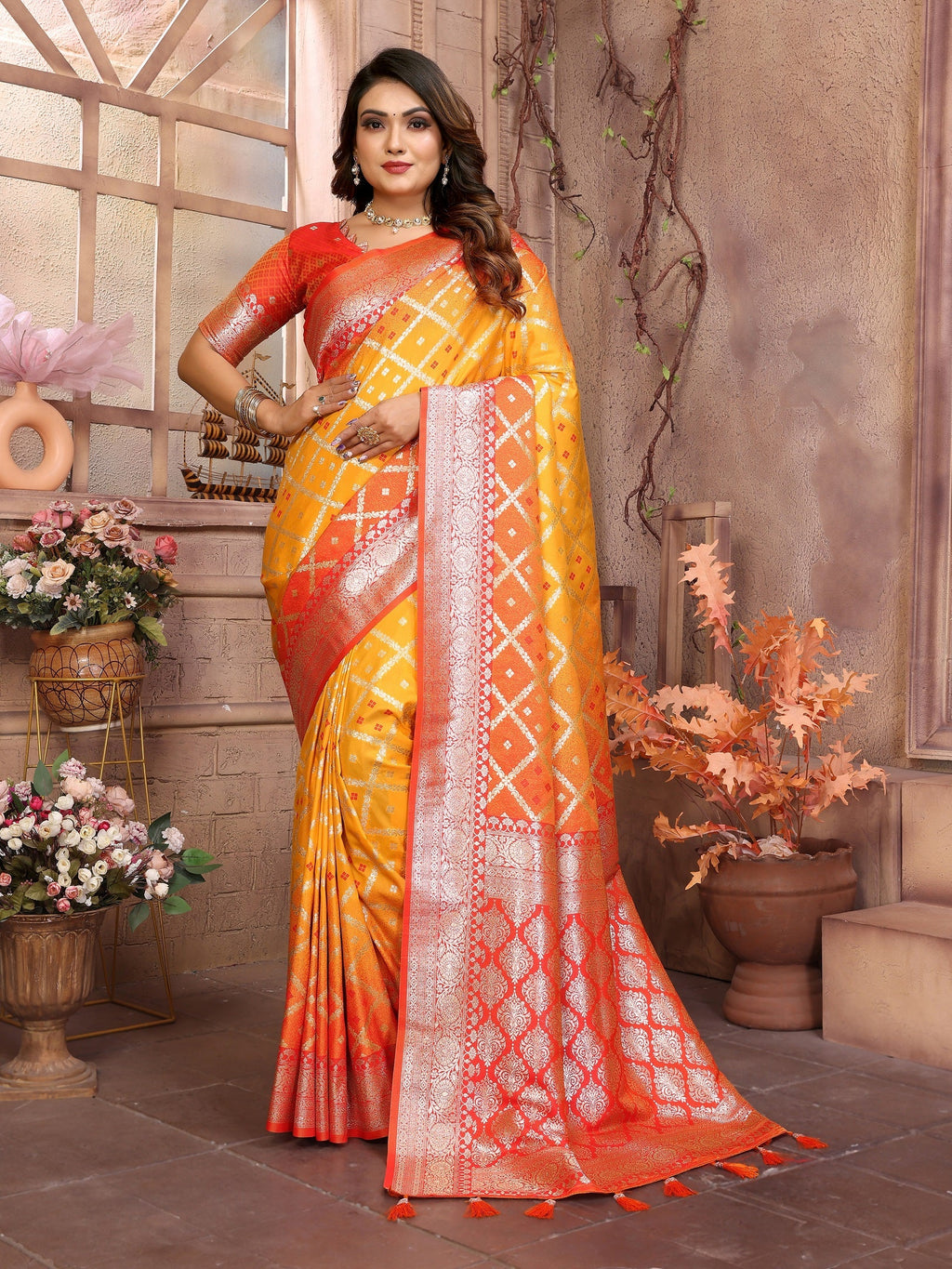 Vedant Vastram Soft Litchi Silk Kanjeevaram Silk Saree - Mustard | Grocsy