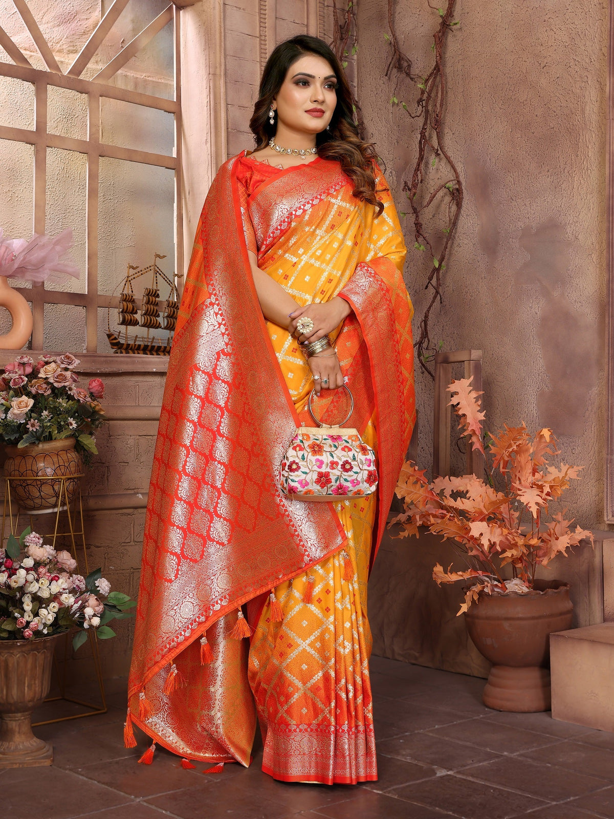 Vedant Vastram Soft Litchi Silk Kanjeevaram Silk Saree - Mustard | Grocsy