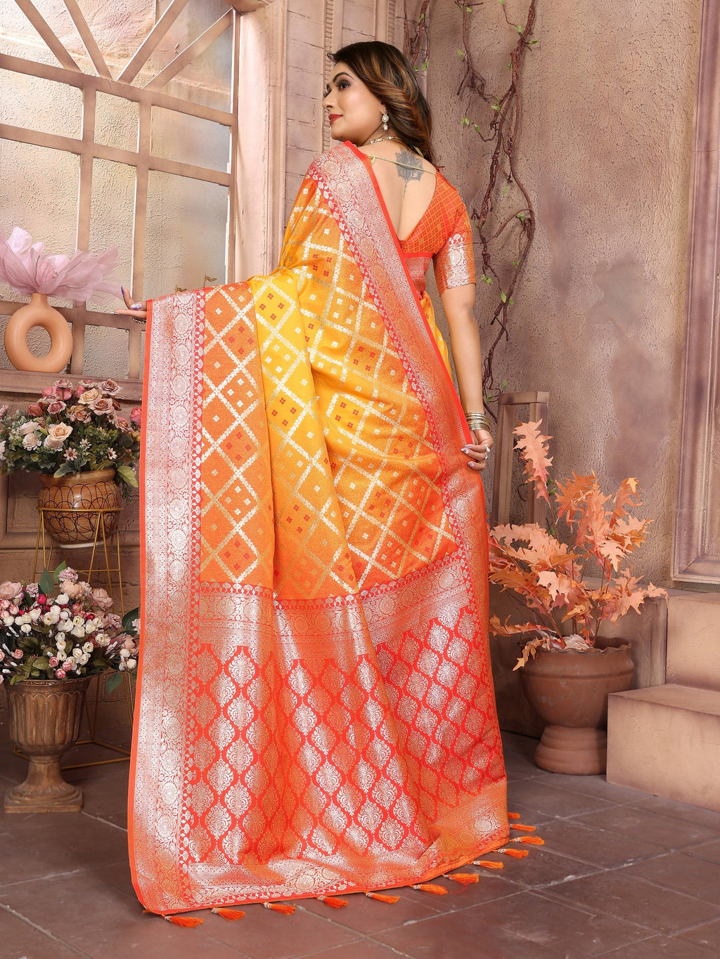 Vedant Vastram Soft Litchi Silk Kanjeevaram Silk Saree - Mustard | Grocsy