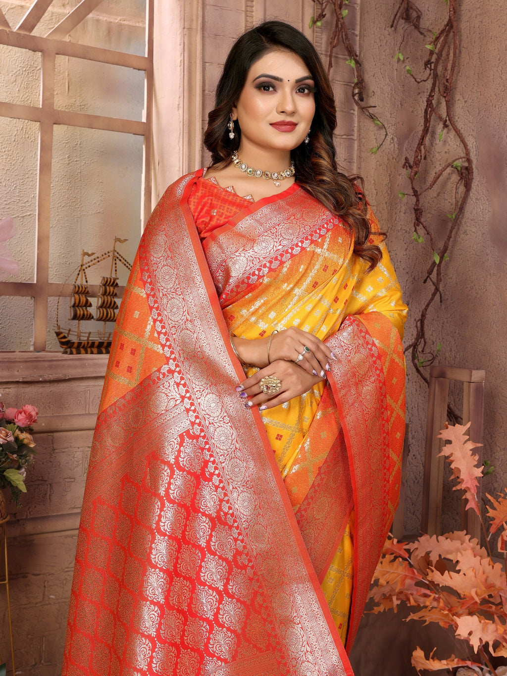 Vedant Vastram Soft Litchi Silk Kanjeevaram Silk Saree - Mustard | Grocsy