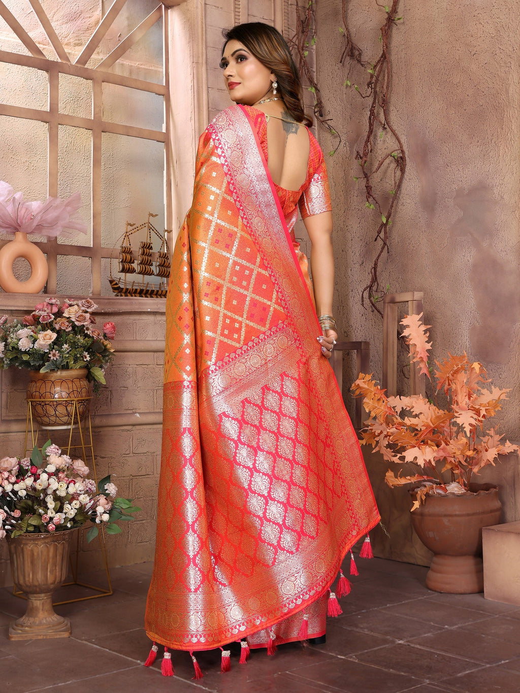 Vedant Vastram Soft Litchi Silk Kanjeevaram Silk Saree - Orange | Grocsy