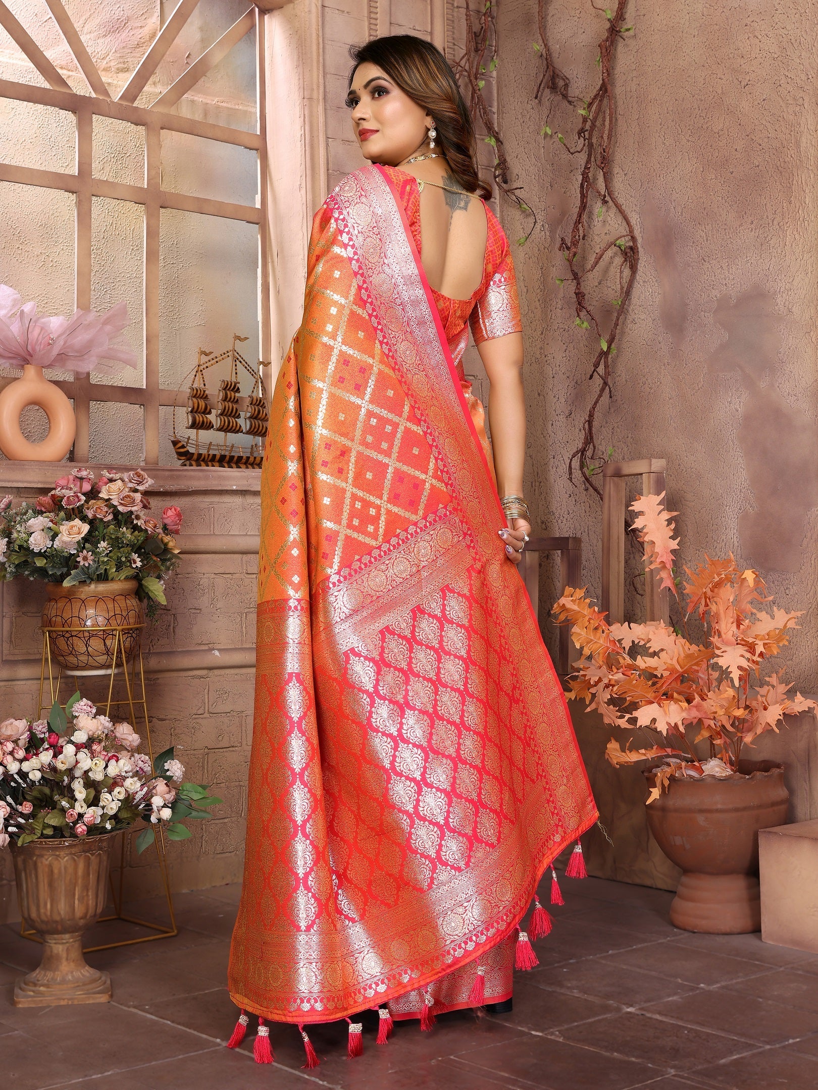 Vedant Vastram Soft Litchi Silk Kanjeevaram Silk Saree - Orange | Grocsy