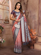 Vedant Vastram Soft Litchi Silk Kanjeevaram Silk Saree - Peach | Grocsy