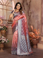 Vedant Vastram Soft Litchi Silk Kanjeevaram Silk Saree - Peach | Grocsy