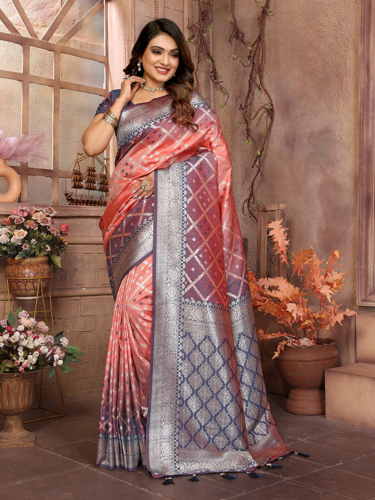 Vedant Vastram Soft Litchi Silk Kanjeevaram Silk Saree - Peach | Grocsy