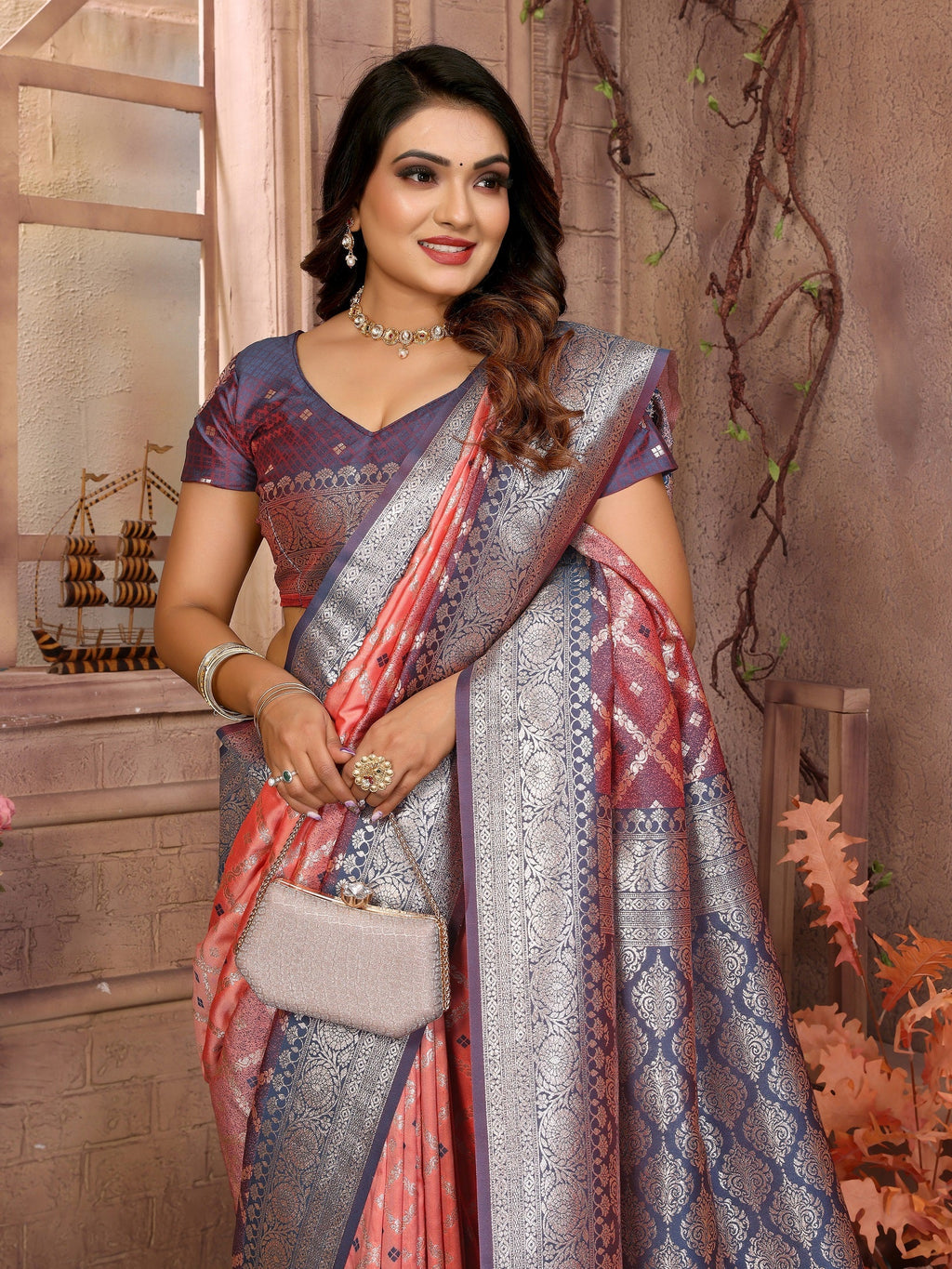 Vedant Vastram Soft Litchi Silk Kanjeevaram Silk Saree - Peach | Grocsy