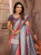 Vedant Vastram Soft Litchi Silk Kanjeevaram Silk Saree - Peach | Grocsy
