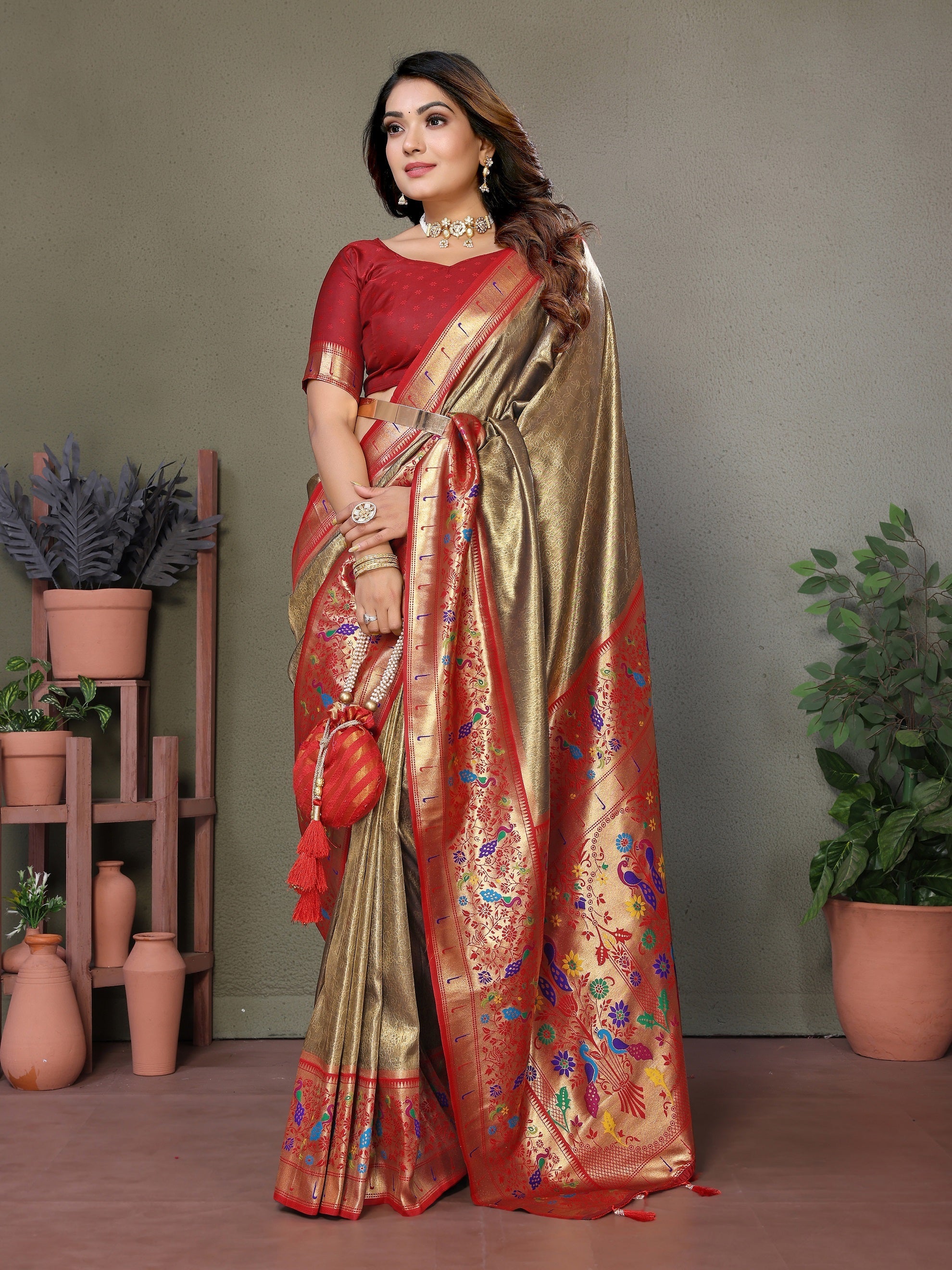 Vedant Vastram Tissue Silk Paithani Silk Saree - Beige | Grocsy