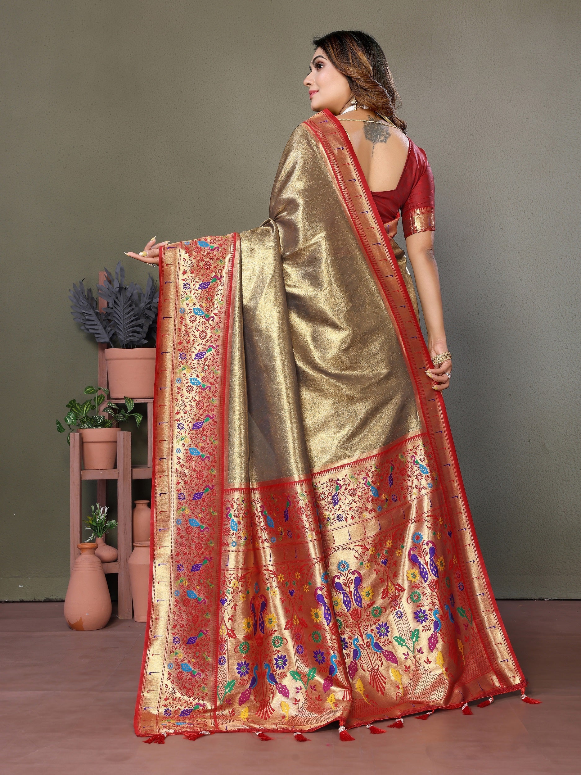 Vedant Vastram Tissue Silk Paithani Silk Saree - Beige | Grocsy