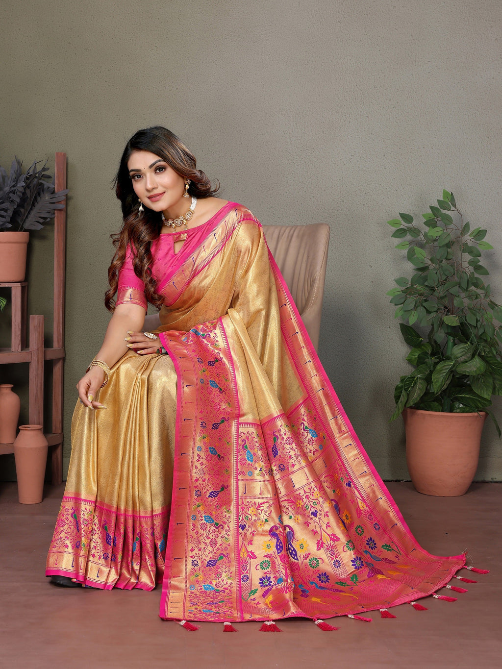 Vedant Vastram Tissue Silk Paithani Silk Saree - Gold | Grocsy