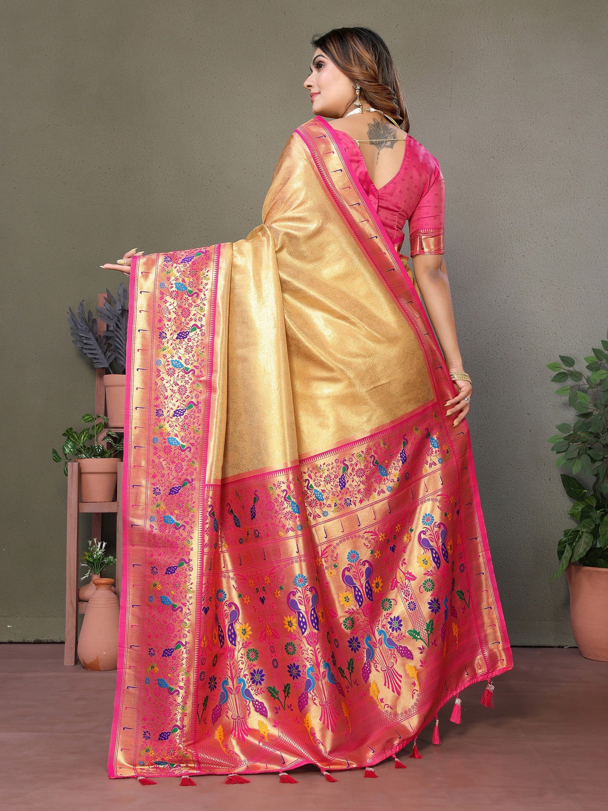 Vedant Vastram Tissue Silk Paithani Silk Saree - Gold | Grocsy