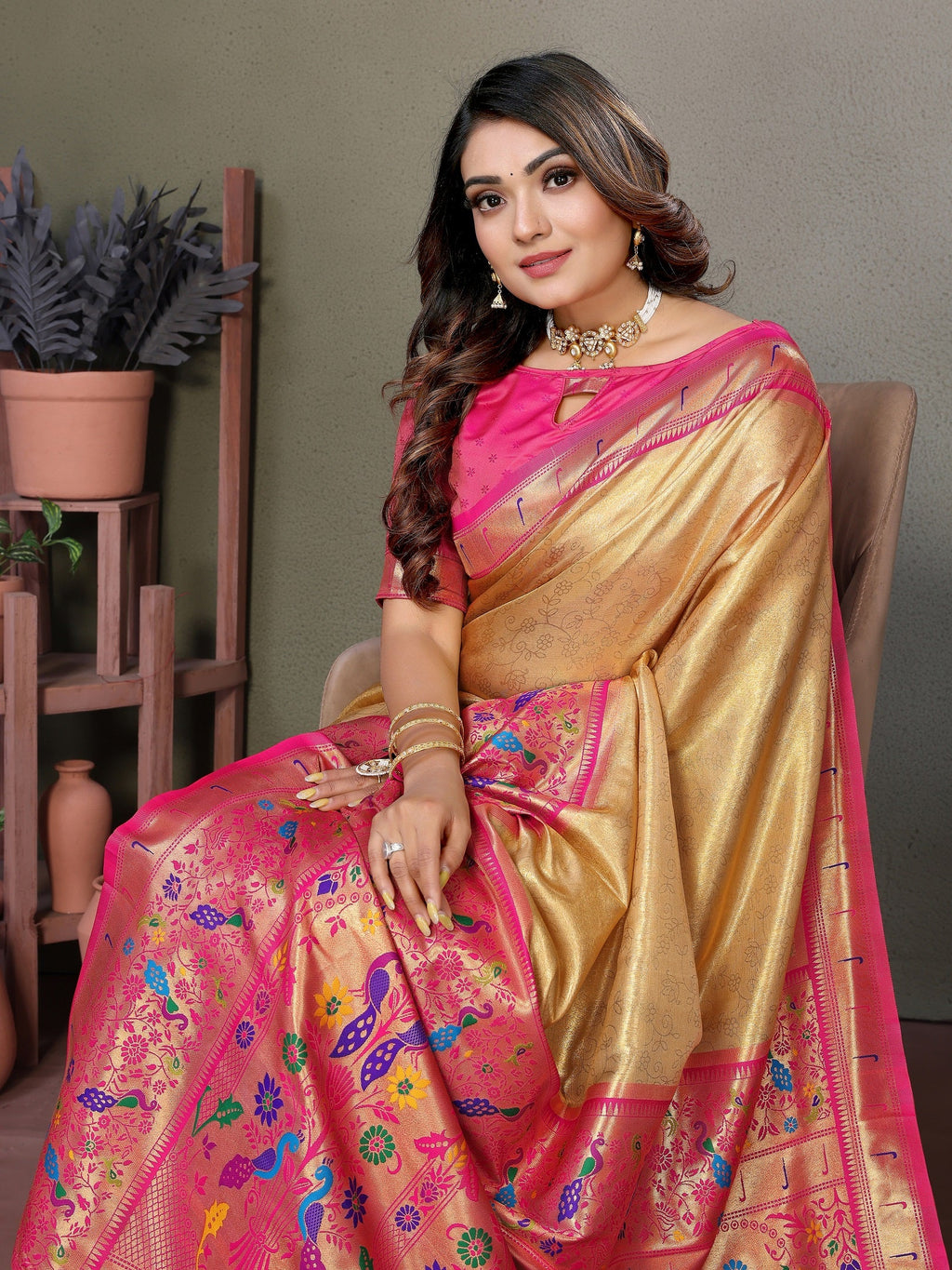 Vedant Vastram Tissue Silk Paithani Silk Saree - Gold | Grocsy