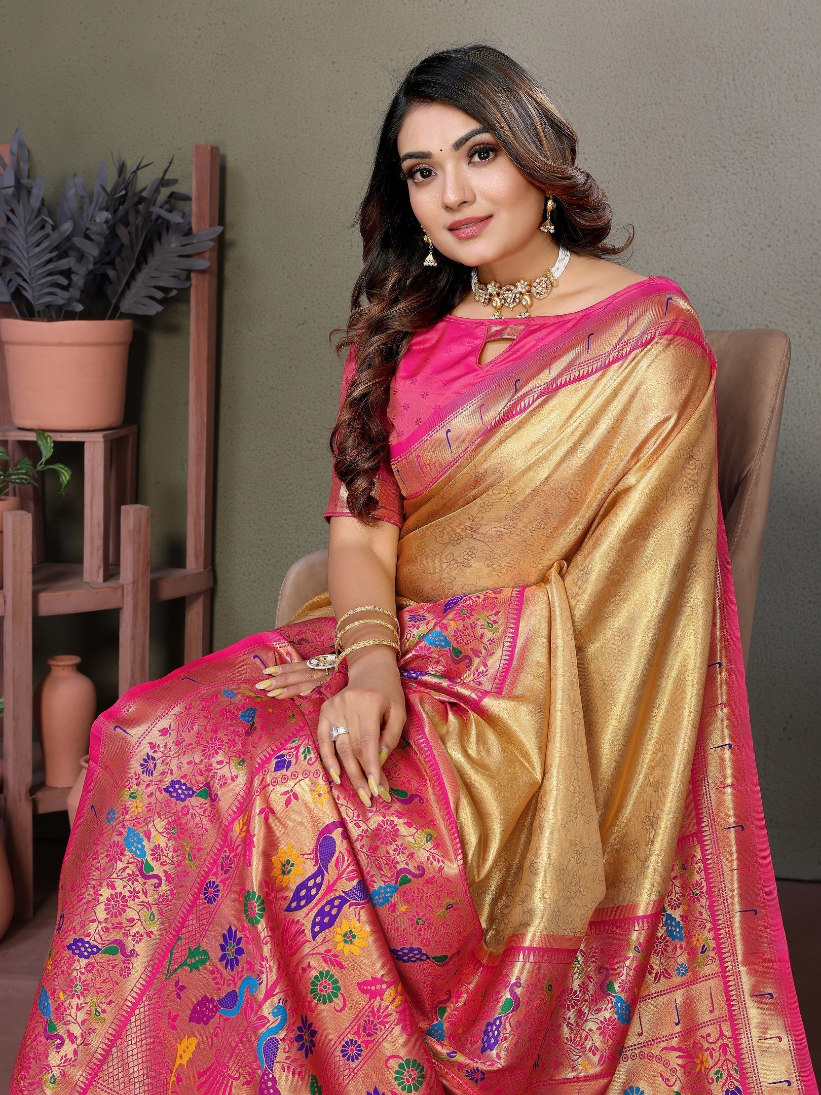 Vedant Vastram Tissue Silk Paithani Silk Saree - Gold | Grocsy