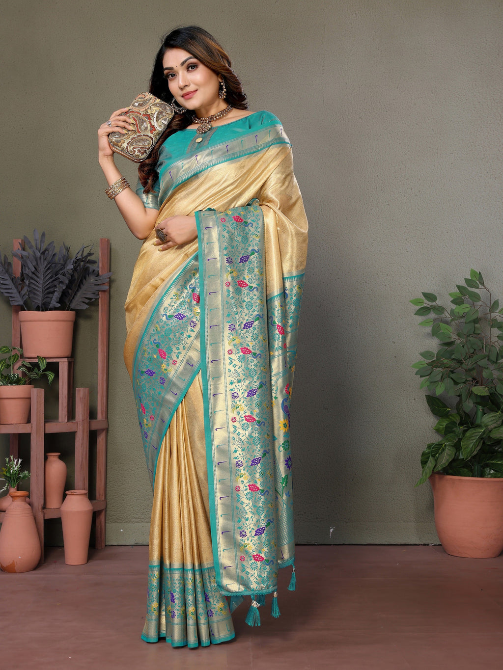 Vedant Vastram Tissue Silk Paithani Silk Saree - Light Yellow | Grocsy