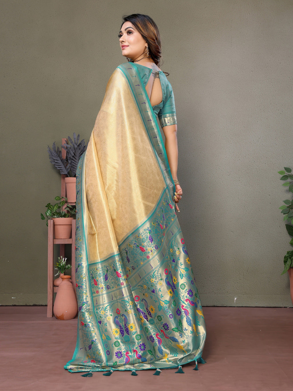 Vedant Vastram Tissue Silk Paithani Silk Saree - Light Yellow | Grocsy