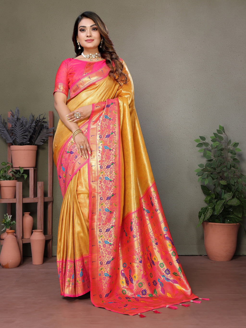 Vedant Vastram Tissue Silk Paithani Silk Saree - Mustard | Grocsy