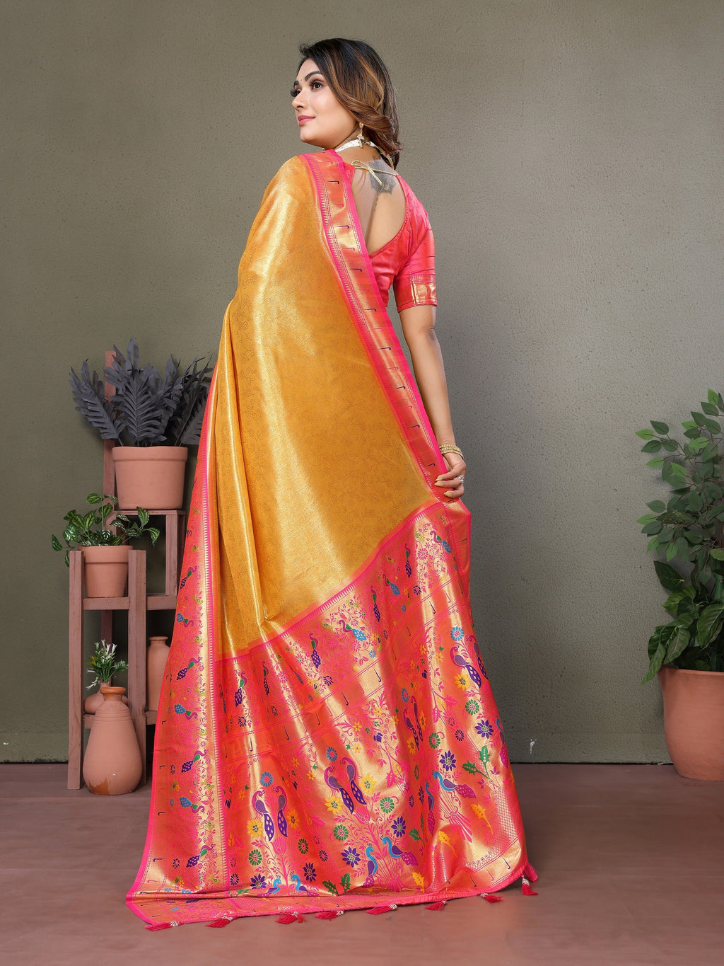 Vedant Vastram Tissue Silk Paithani Silk Saree - Mustard | Grocsy