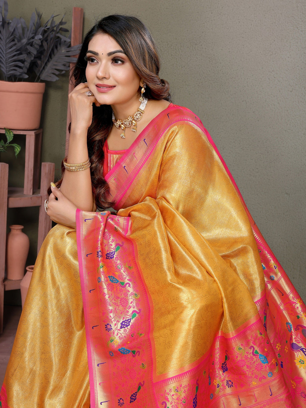 Vedant Vastram Tissue Silk Paithani Silk Saree - Mustard | Grocsy
