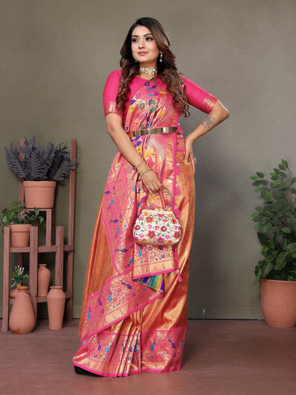 Vedant Vastram Tissue Silk Paithani Silk Saree - Orange | Grocsy