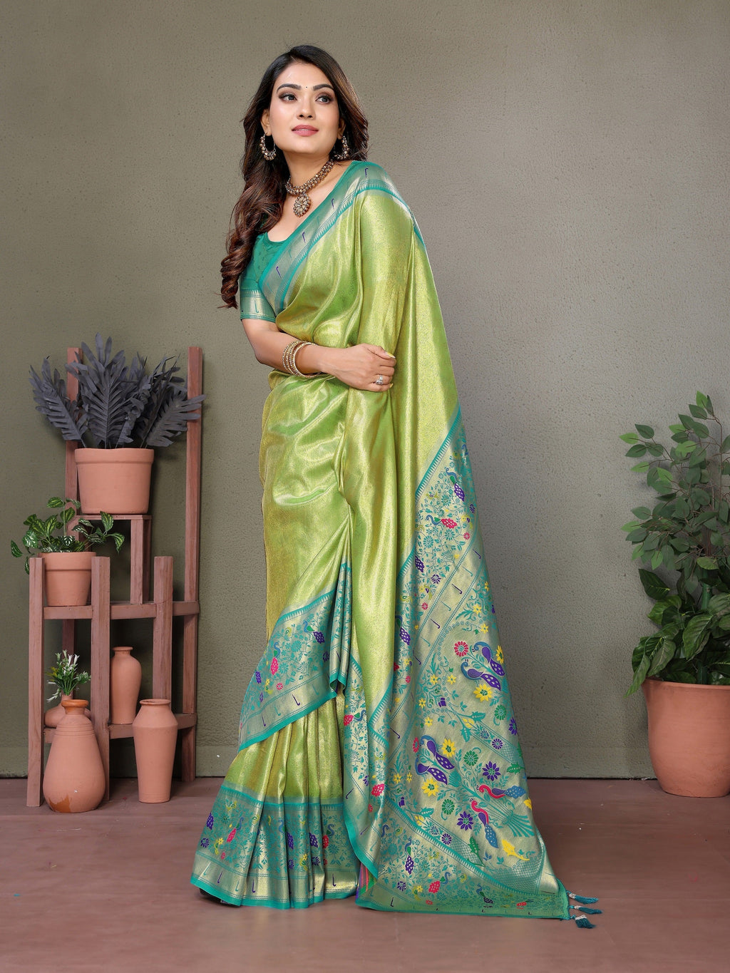 Vedant Vastram Tissue Silk Paithani Silk Saree - Parrot | Grocsy