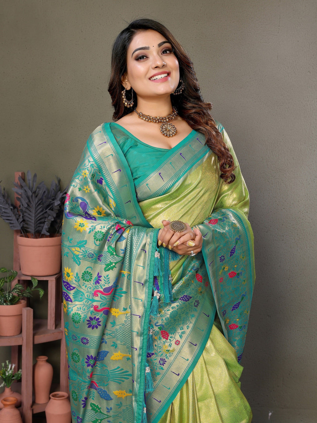 Vedant Vastram Tissue Silk Paithani Silk Saree - Parrot | Grocsy