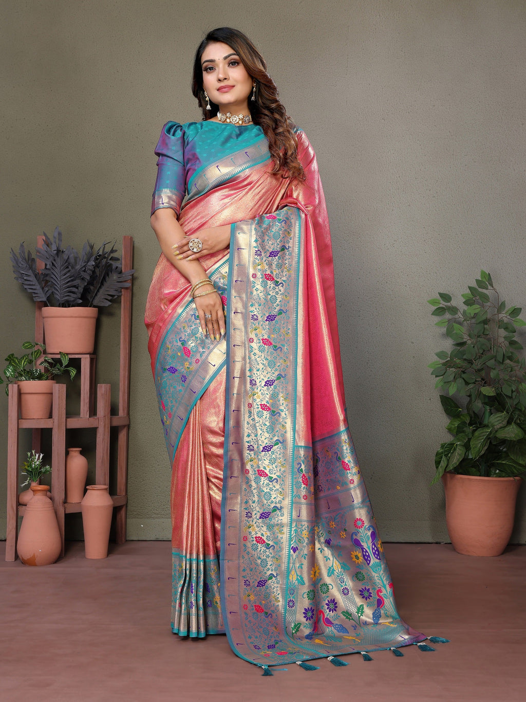 Vedant Vastram Tissue Silk Paithani Silk Saree - Peach | Grocsy