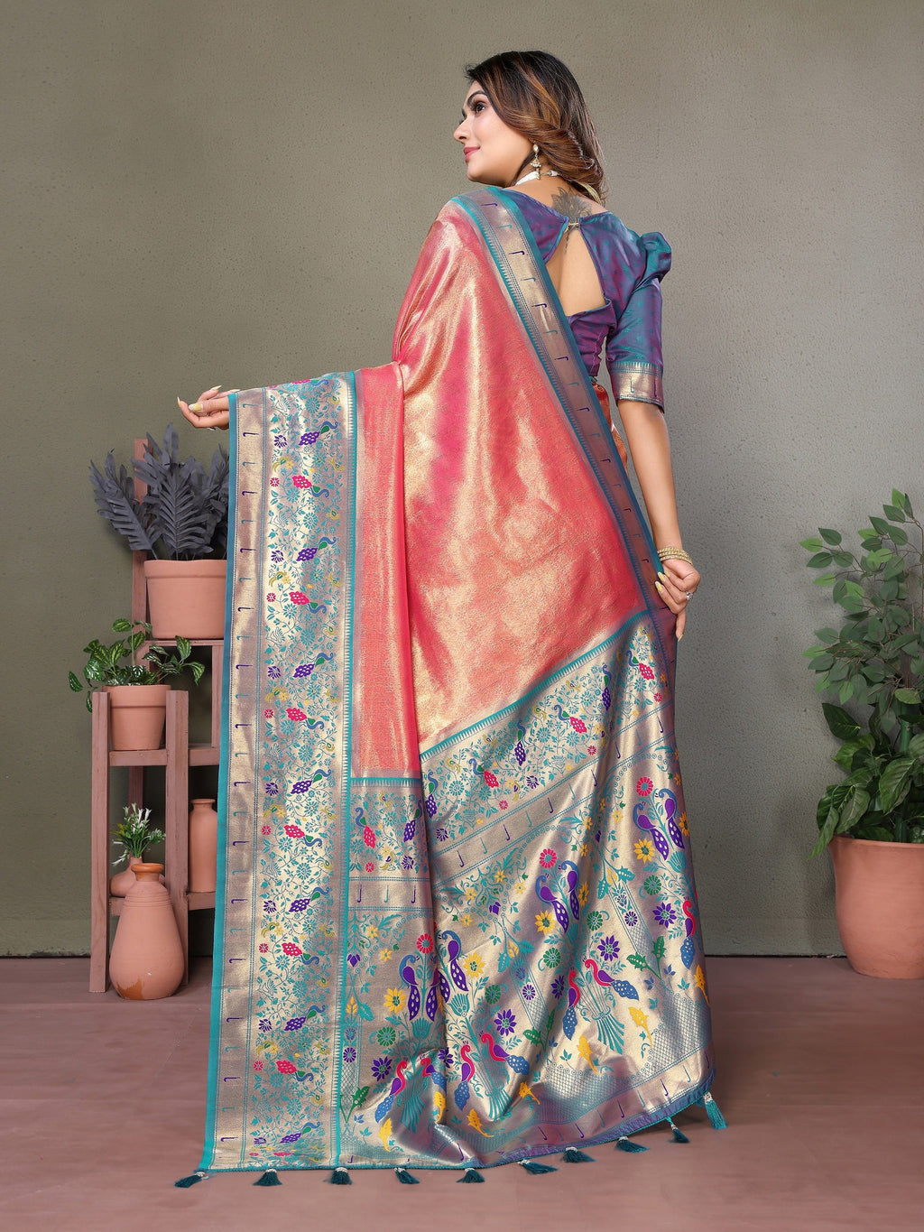 Vedant Vastram Tissue Silk Paithani Silk Saree - Peach | Grocsy
