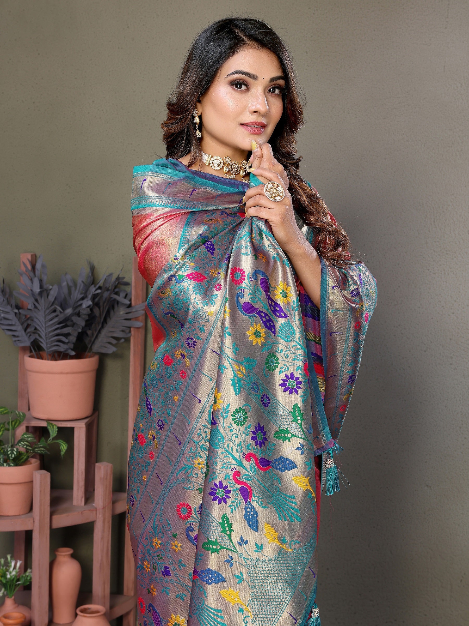 Vedant Vastram Tissue Silk Paithani Silk Saree - Peach | Grocsy