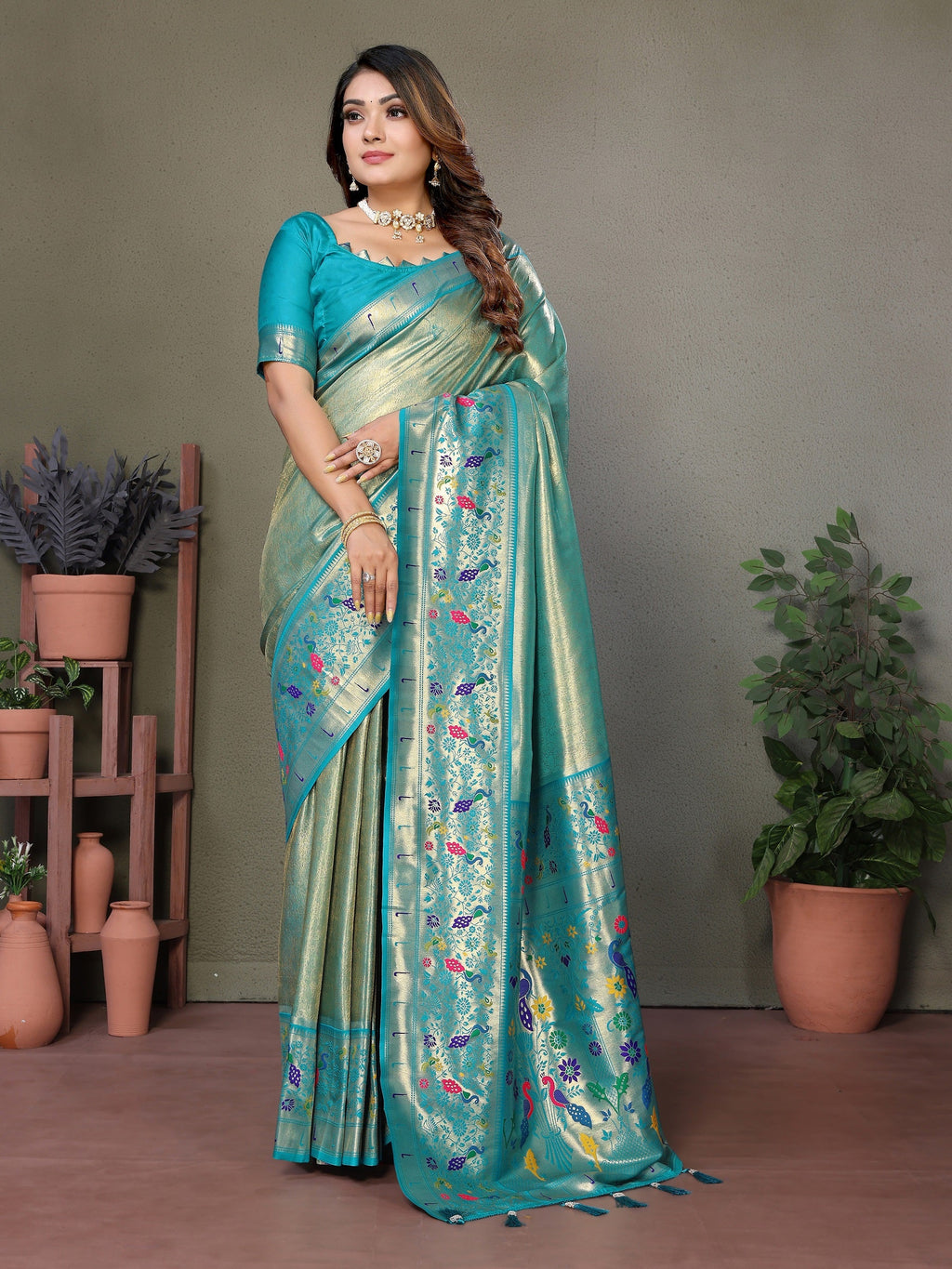 Vedant Vastram Tissue Silk Paithani Silk Saree - Rama | Grocsy