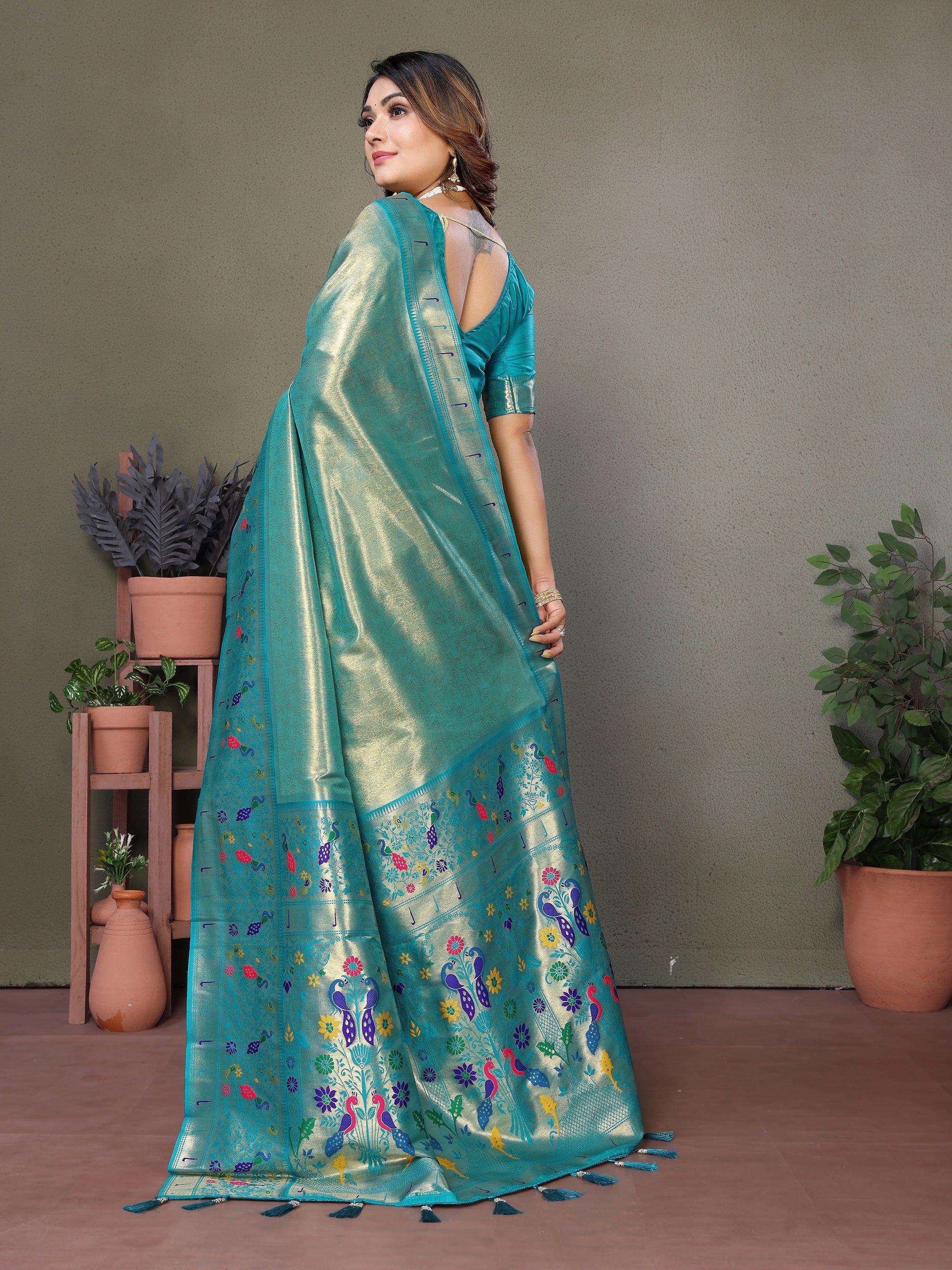 Vedant Vastram Tissue Silk Paithani Silk Saree - Rama | Grocsy