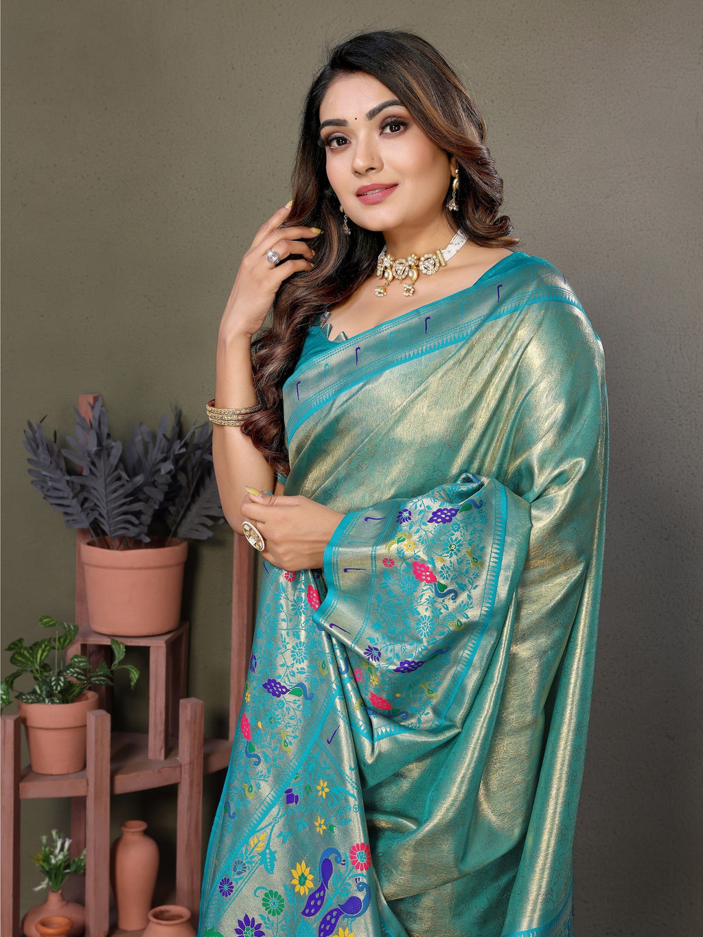 Vedant Vastram Tissue Silk Paithani Silk Saree - Rama | Grocsy