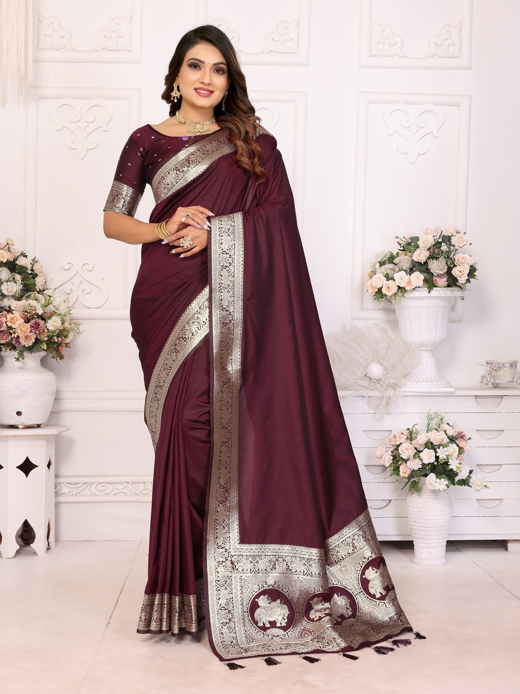 Vedant Vastram Soft Litchi Silk Banarasi Silk Saree - Maroon | Grocsy