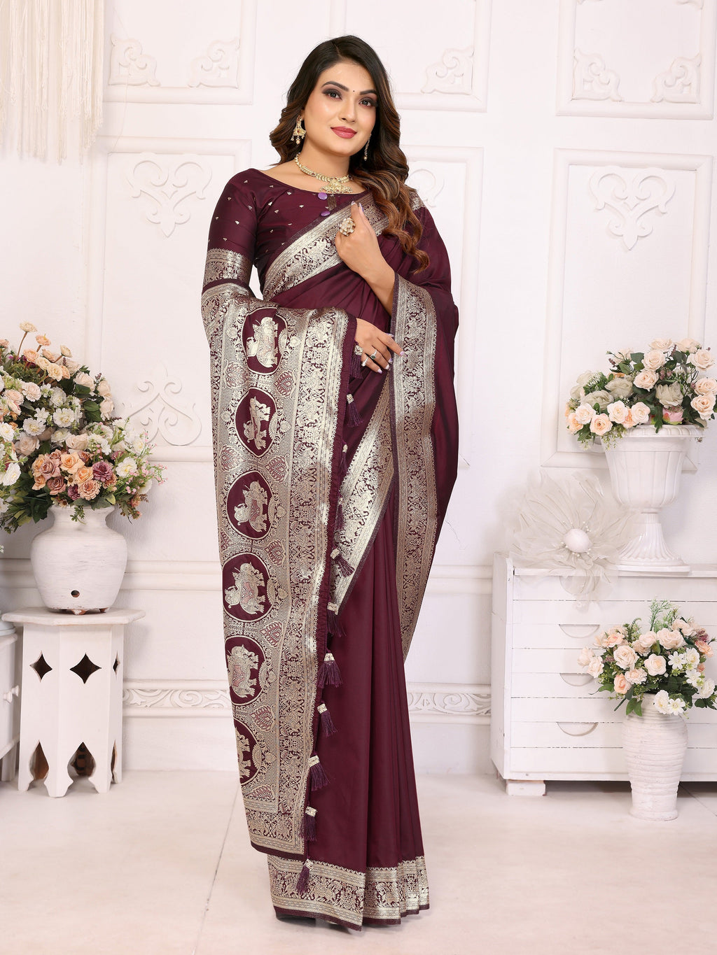 Vedant Vastram Soft Litchi Silk Banarasi Silk Saree - Maroon | Grocsy
